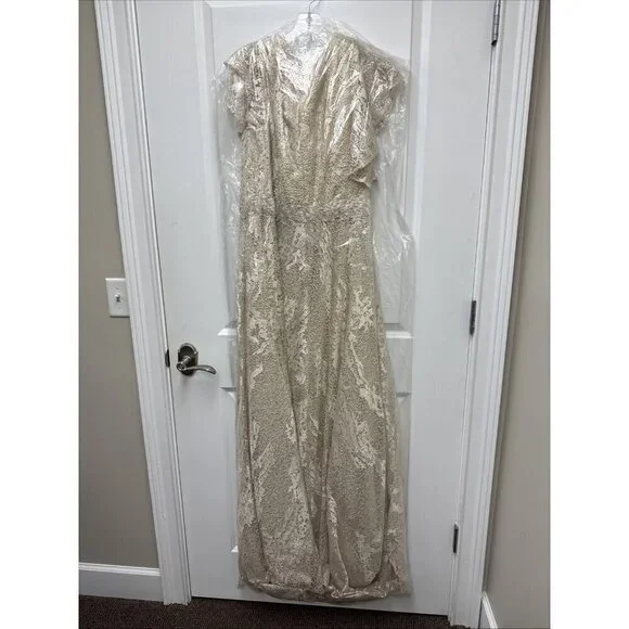 Mac Duggal Size 16 Ivory Nude Embellished Flutter Sleeve Lace A-Line Gown $798 - Picture 7 of 8